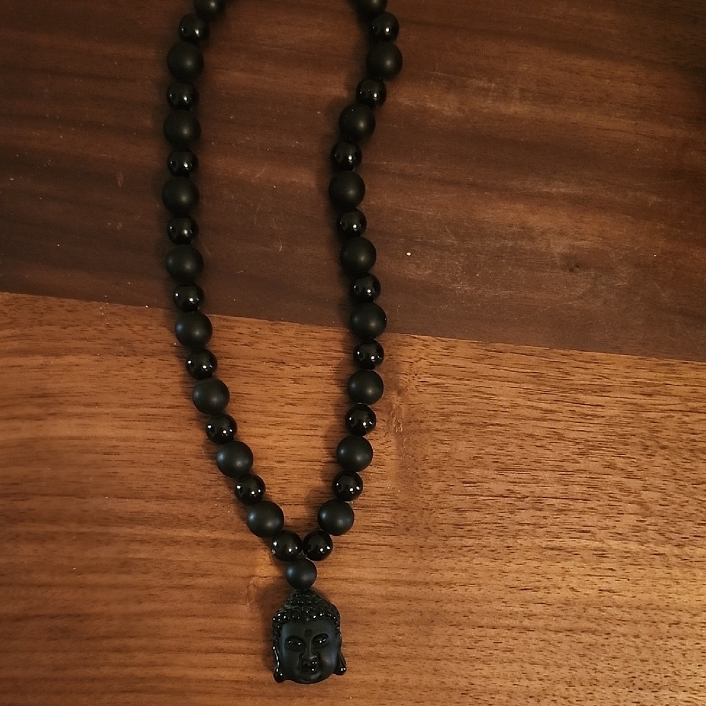 Black Onyx 16in Beaded Necklace with Buddha Pendant